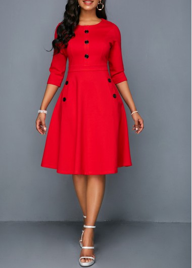 Pocket Red Button Embellished A Line Dress