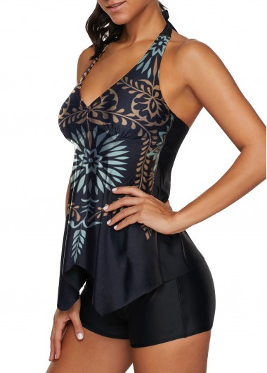 Halter Printed Asymmetric Hem Orange Tankini Set