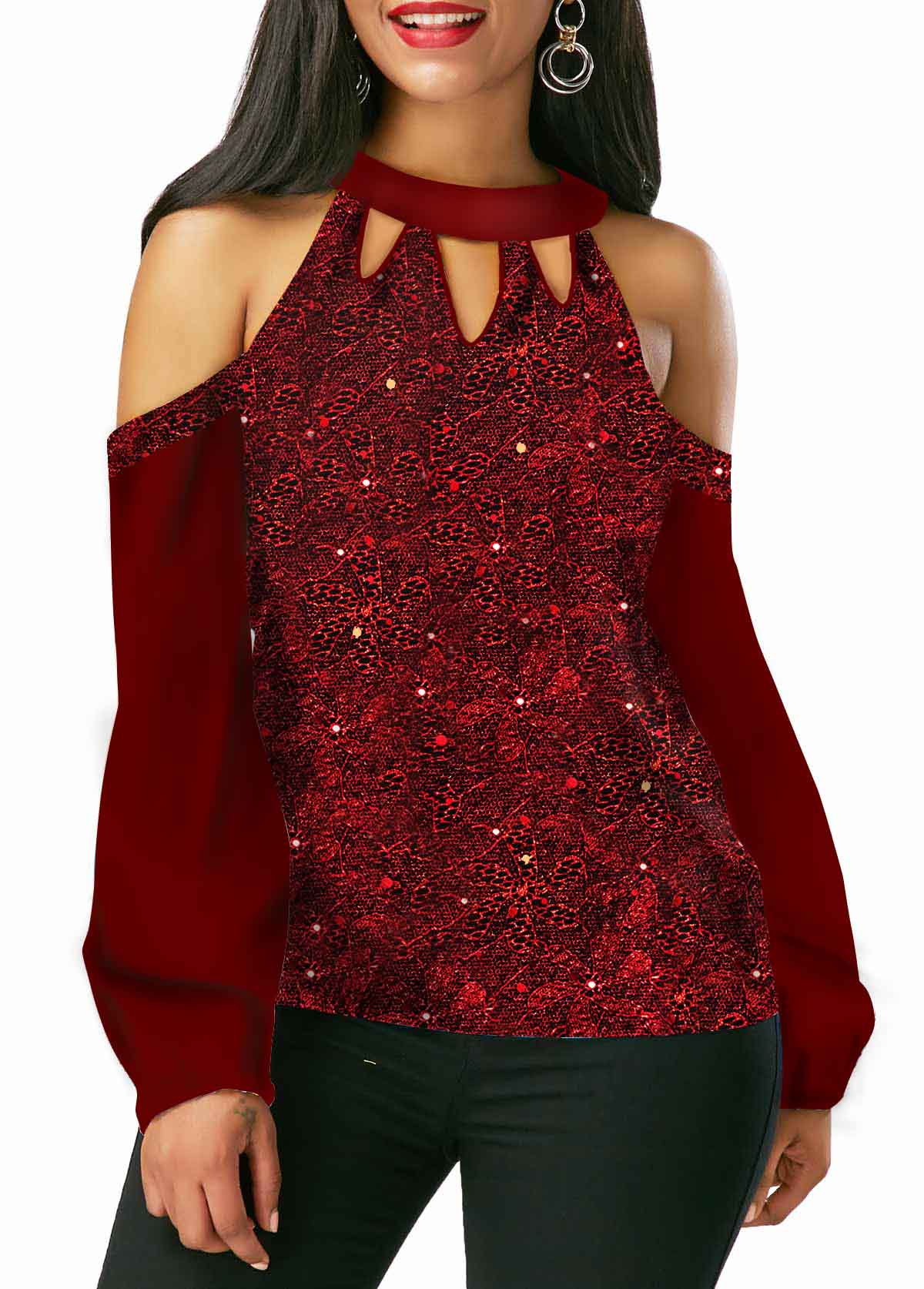 Cutout Shoulder Sequin Embellished Wine Red Blouse