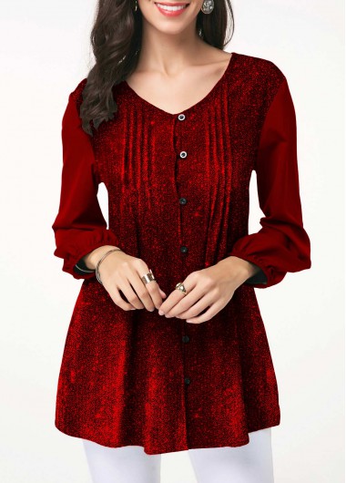 Wine Red Button Front Crinkle Chest Shining Blouse