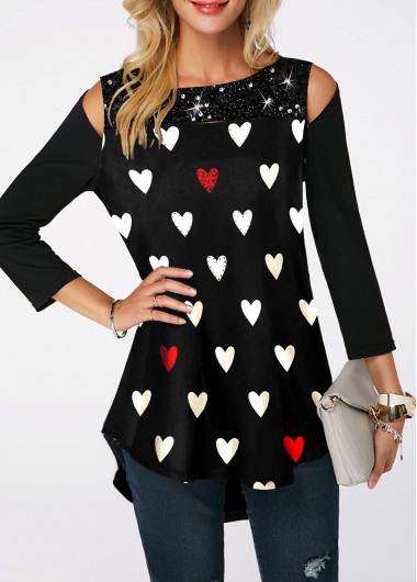 Sequin Embellished Cold Shoulder Heart Print T Shirt