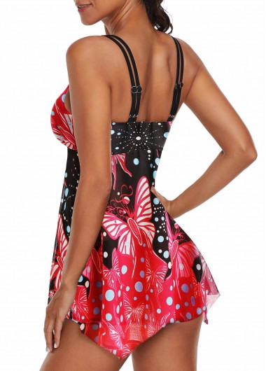 Double Strap Butterfly Print Asymmetric Hem Swimdress and Panty Double Strap Butterfly Print Asymmetric Hem Swimdress and Panty