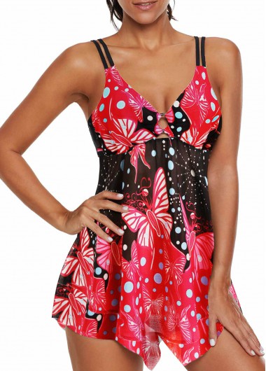 Double Strap Butterfly Print Asymmetric Hem Swimdress and Panty