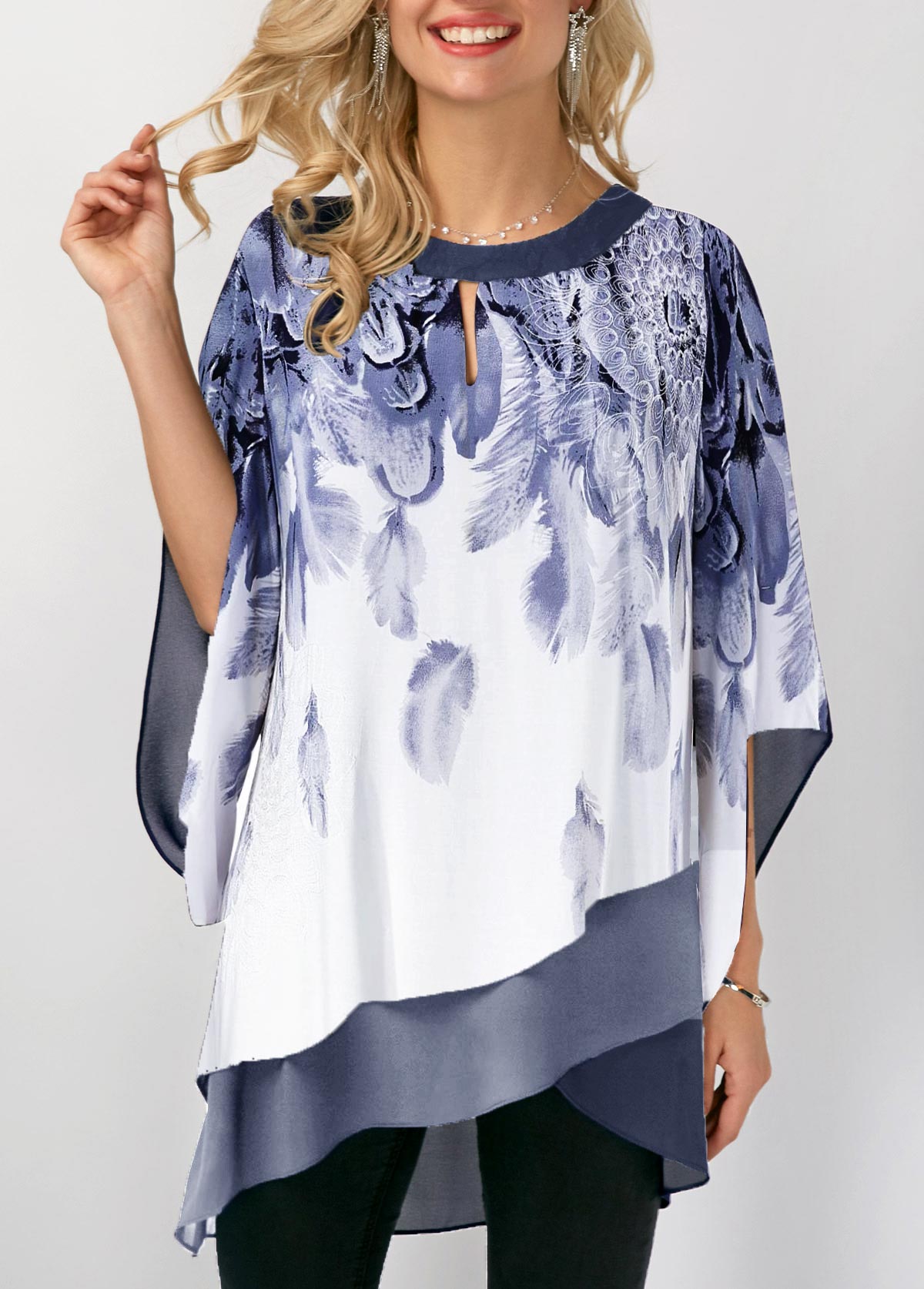 Printed Three Quarter Sleeve Asymmetric Hem Blouse