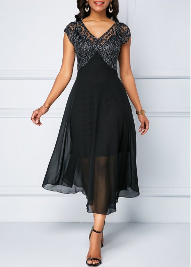 Women&apos;S Black Chiffon Cap Sleeve Flowy Dress Solid Color V Neck Lace Patchwork Dress By Rosewe - M