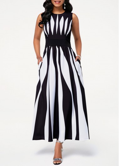 Round Neck Sleeveless High Waist Stripe Print Dress