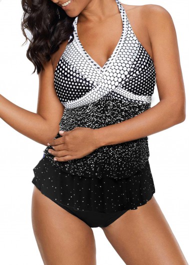 Layered Dot Print Halter Purple Tankini Set Layered Dot Print Halter Purple Tankini Set