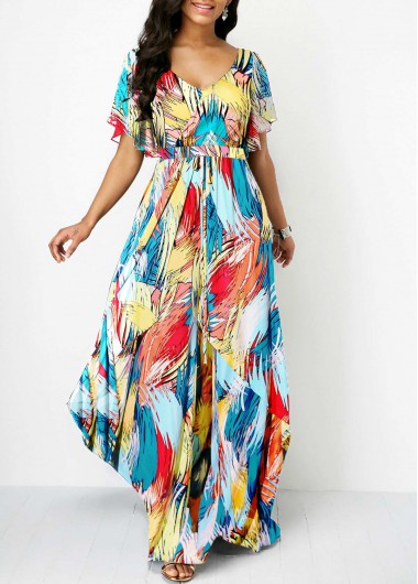 Women&apos;S Multi Color Butterfly Sleeve V Back Printed Spring Dress Short Sleeve Maxi Casual Dress By Rosewe - S