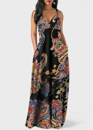 Rosewe Women Dress With Pockets Black Spaghetti Strap V Neck Casual - S