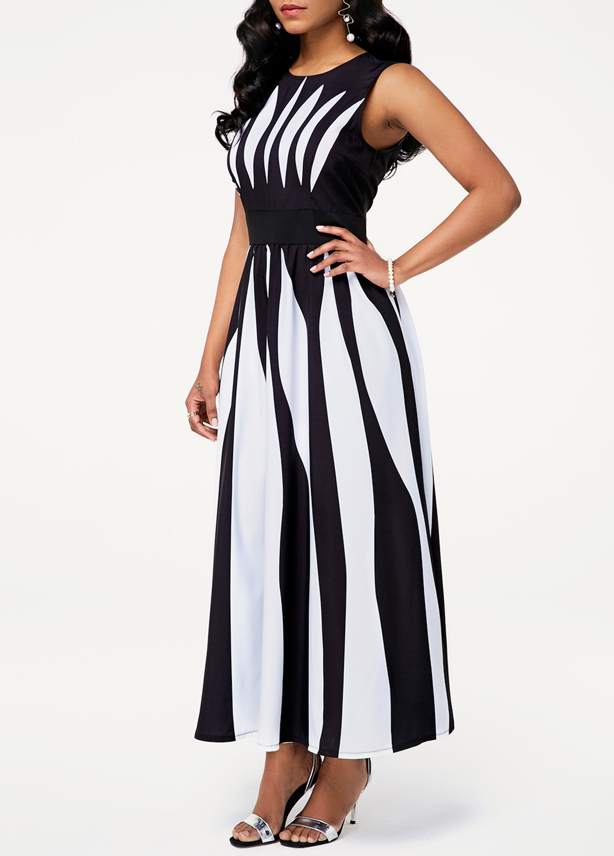 Color Block Sleeveless High Waist Stripe Print Dress