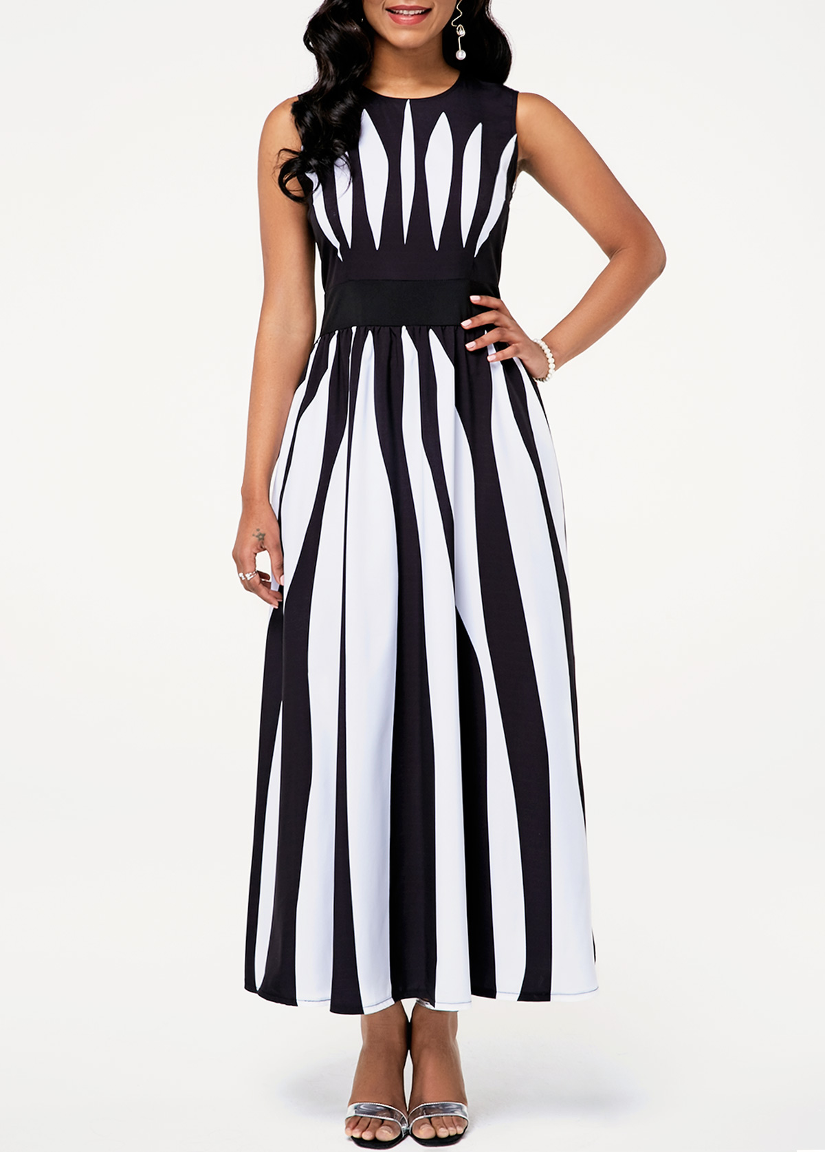 Color Block Sleeveless High Waist Stripe Print Dress