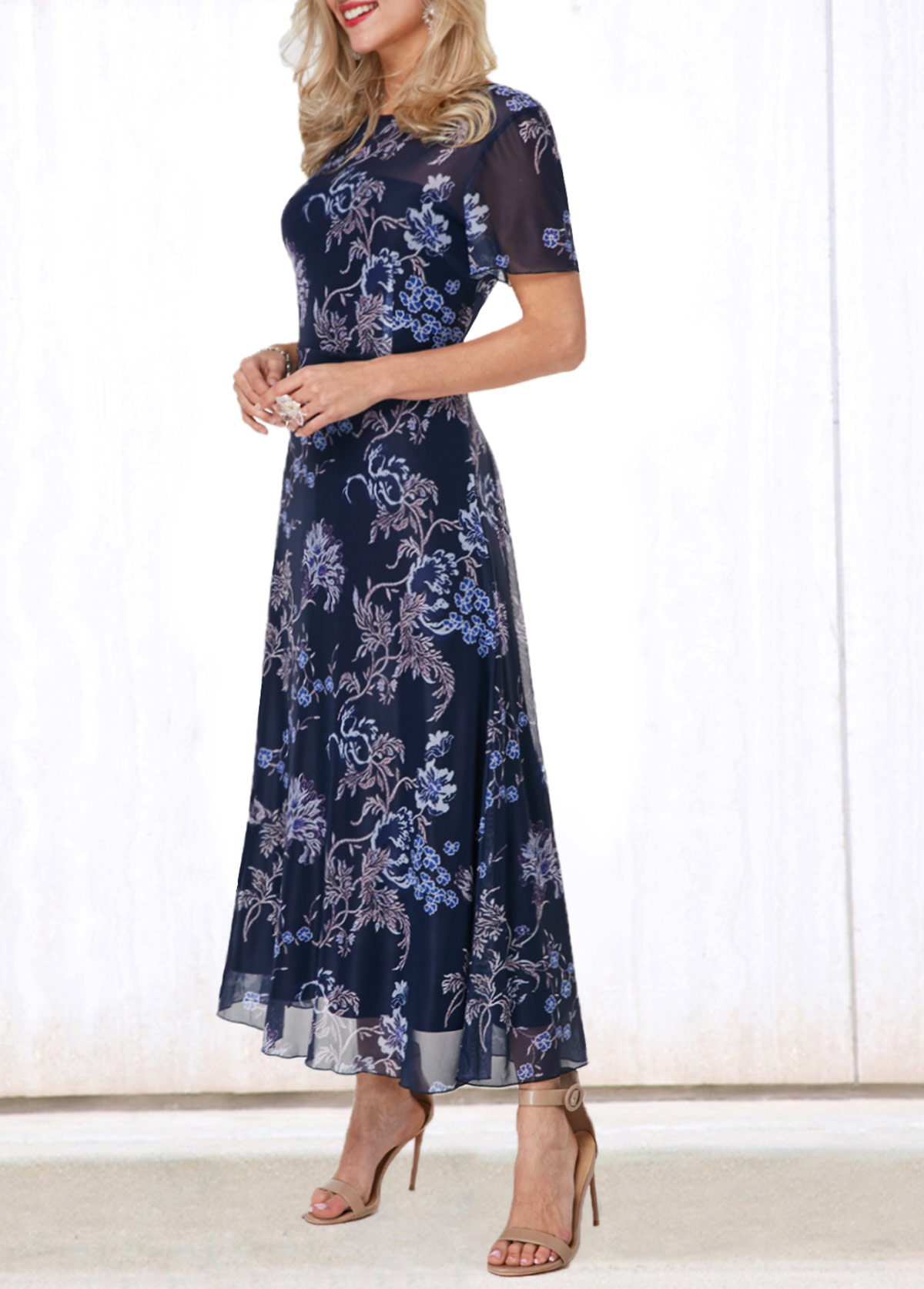 Flower Print V Back Round Neck Dress