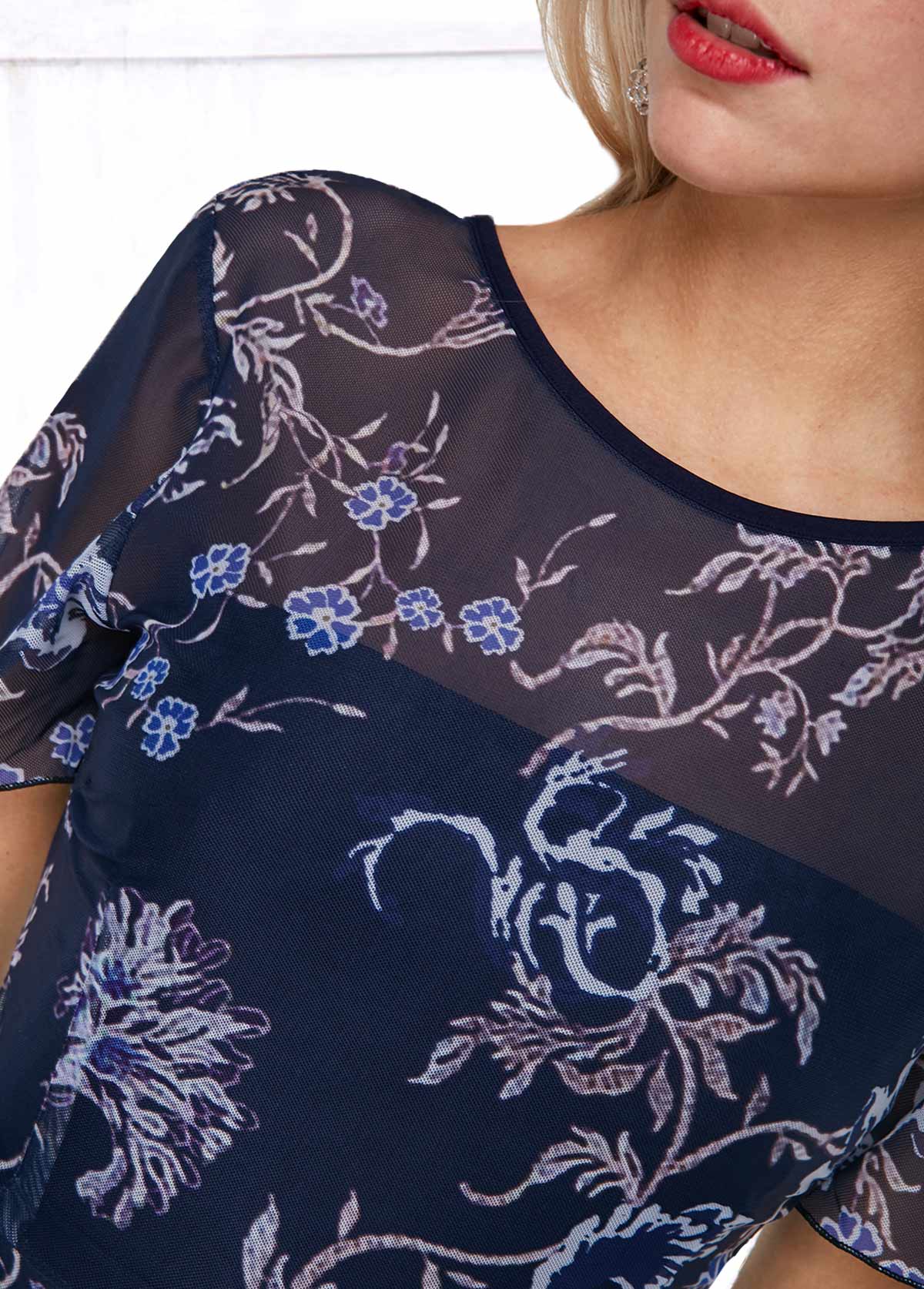 Flower Print V Back Round Neck Dress
