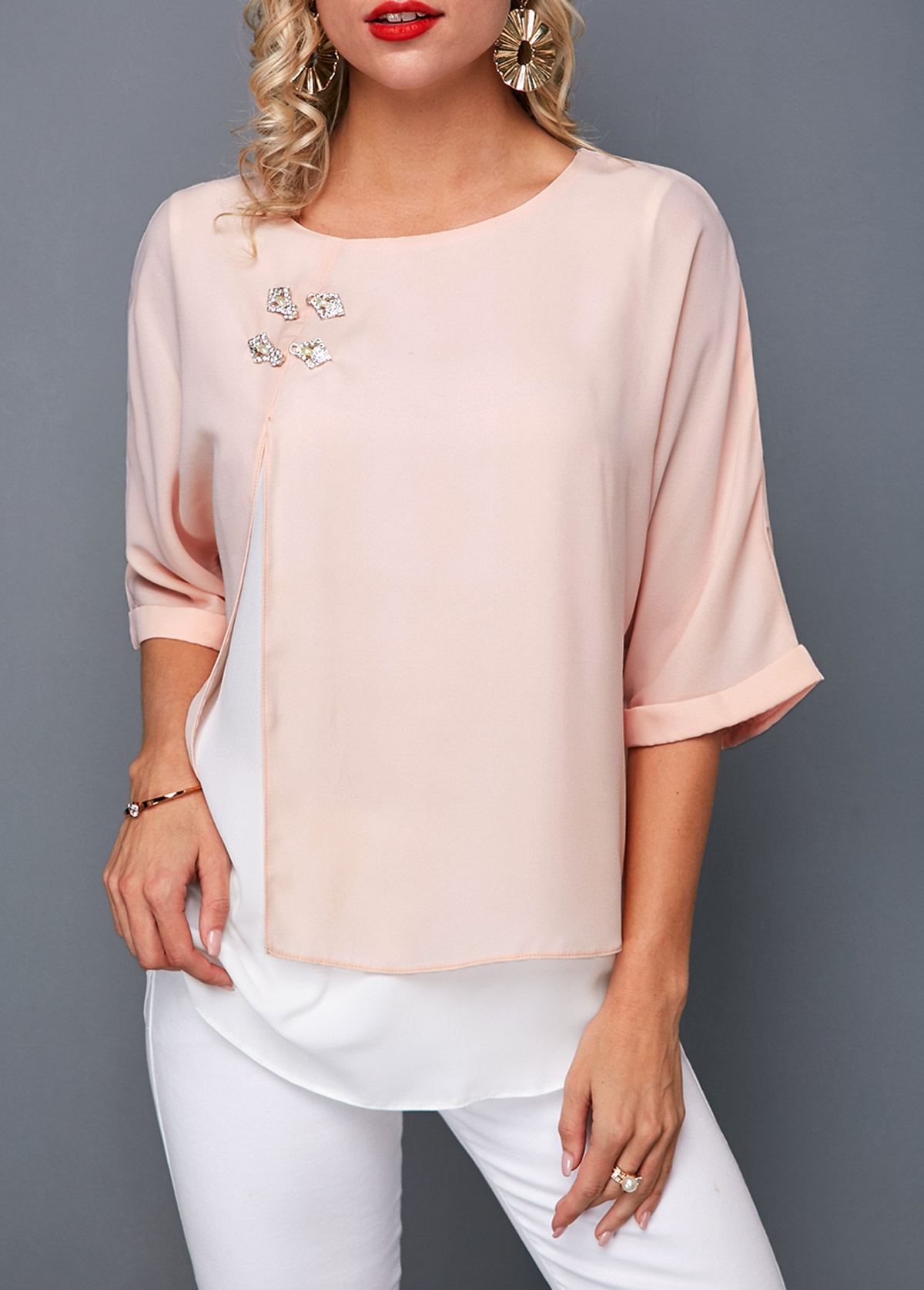 Round Neck Light Pink Layered T Shirt