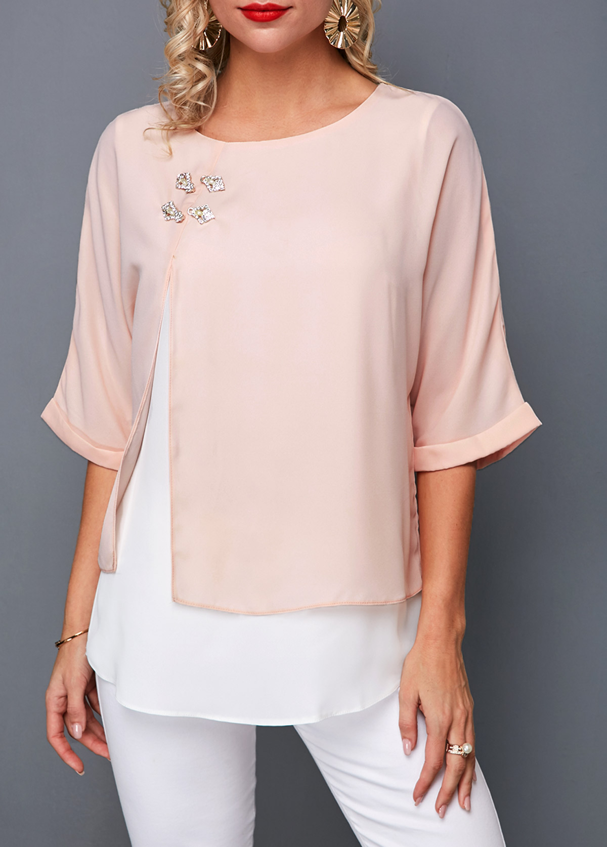 Round Neck Light Pink Layered T Shirt