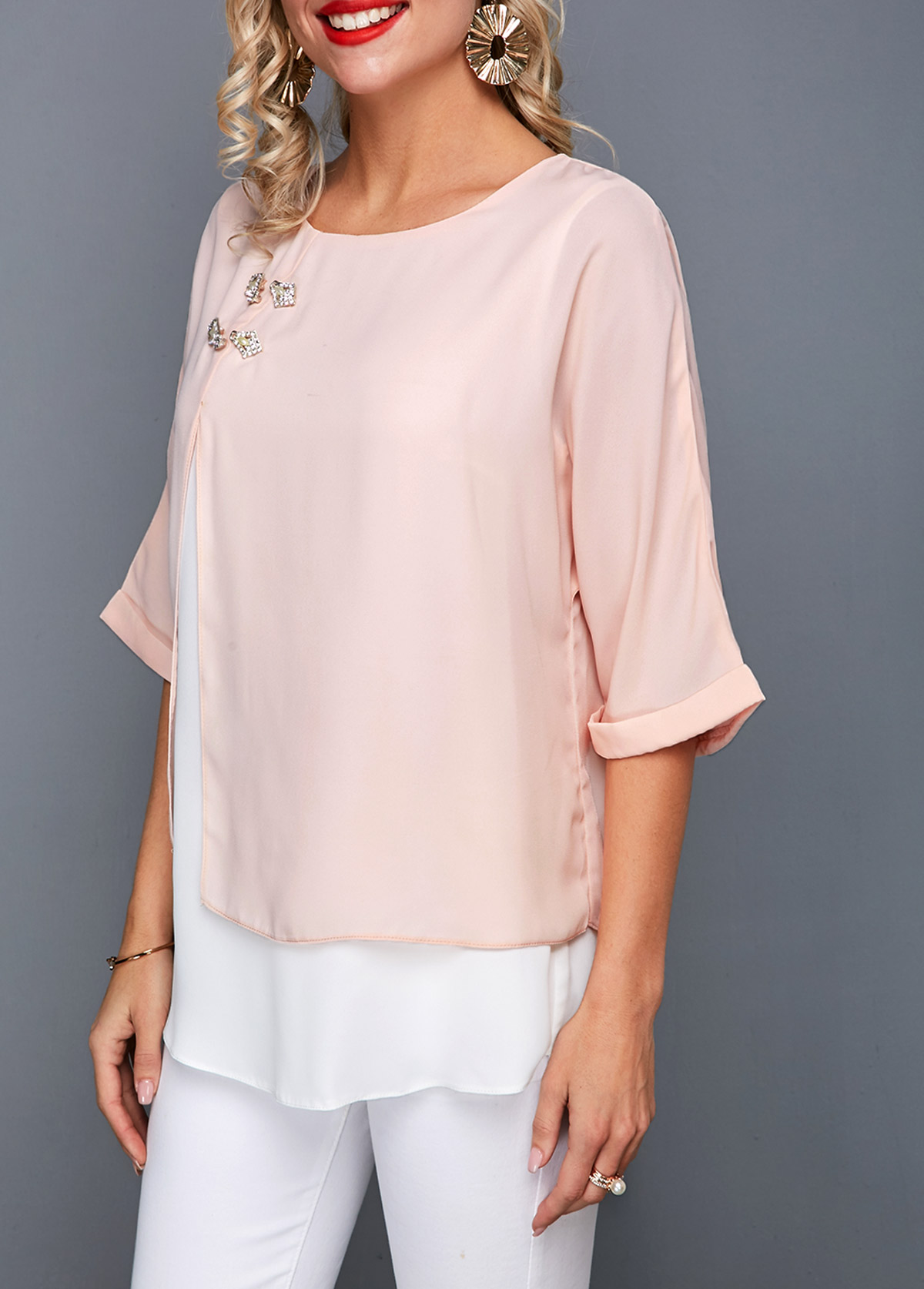 Round Neck Light Pink Layered T Shirt