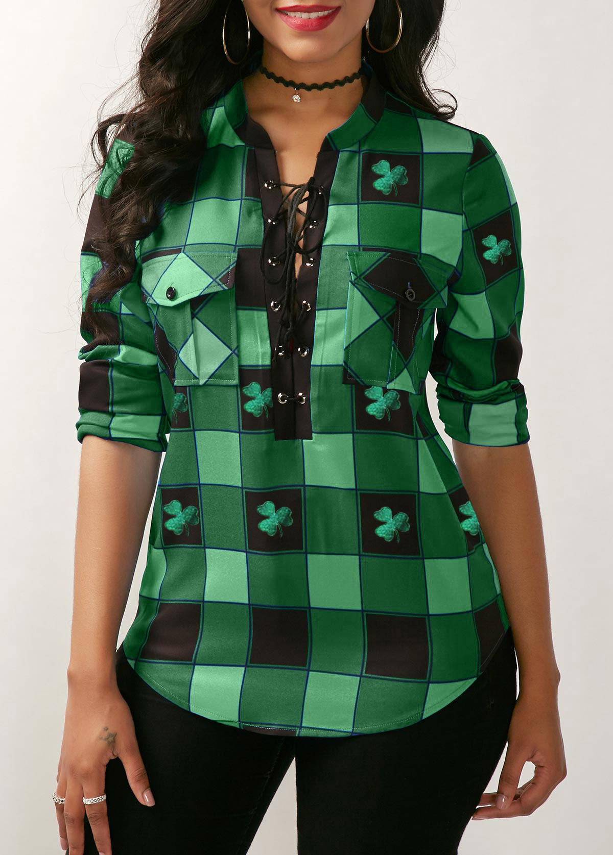 Plaid Print Lace Up Front Blouse Plaid Print Lace Up Front Blouse