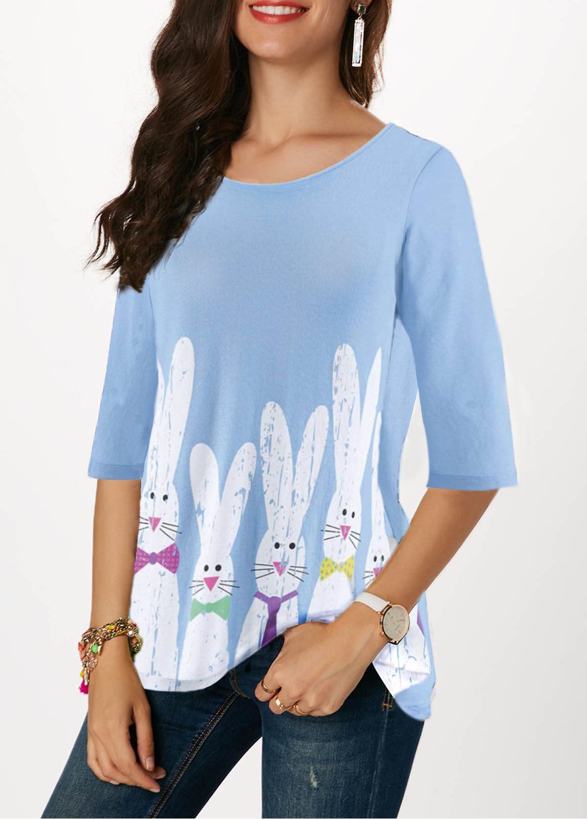 Three Quarter Sleeve Rabbit Print Easter T Shirt