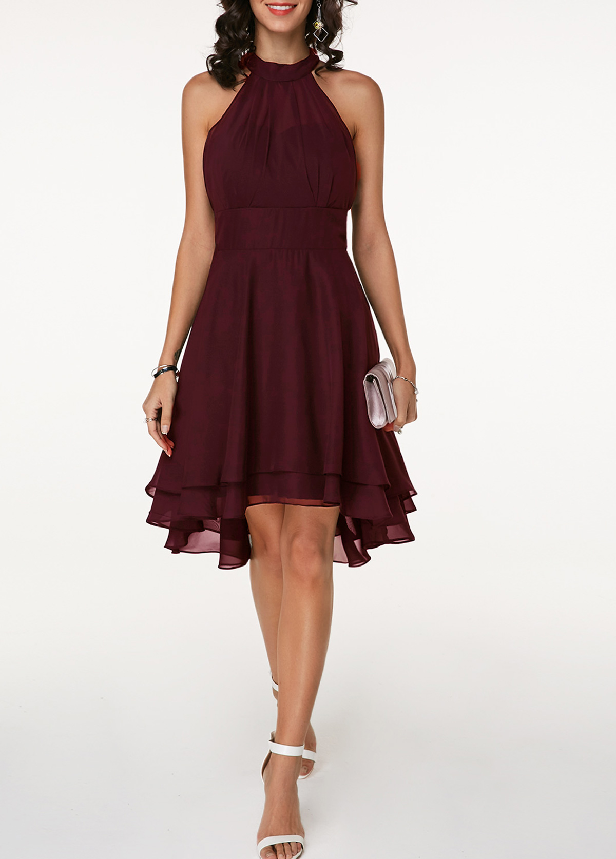 Asymmetric Hem Sleeveless High Waist Chiffon Dress USD