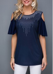 Round Neck Cold Shoulder Dot Print T Shirt