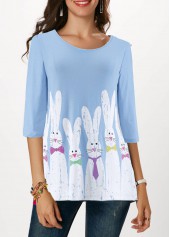 Three Quarter Sleeve Rabbit Print Easter T Shirt