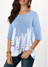 Three Quarter Sleeve Rabbit Print Easter T Shirt