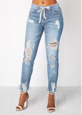 Elastic Waist Pocket Light Blue Shredded Jeans