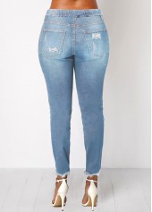 Elastic Waist Pocket Light Blue Shredded Jeans