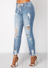 Elastic Waist Pocket Light Blue Shredded Jeans | Rosewe.com - USD $18.98