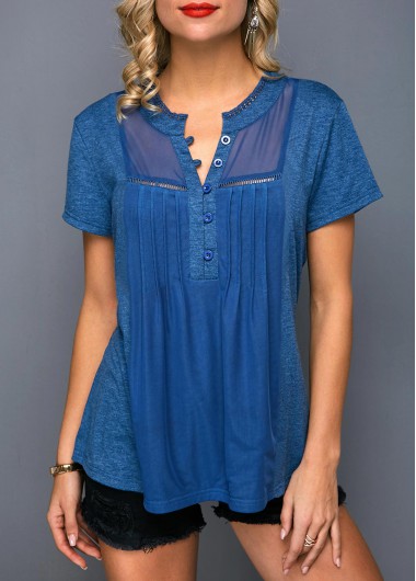 Short Sleeve Pleated Button Front T Shirt