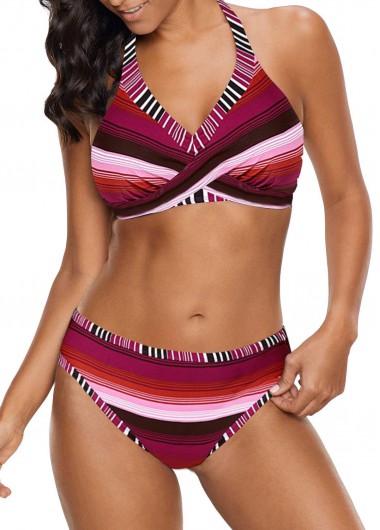 Twist Front Multi Stripe Halter Bikini Set