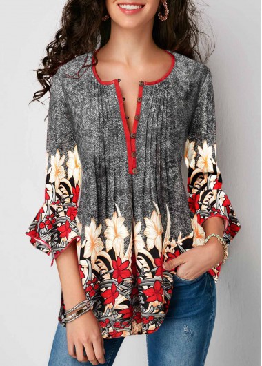 Printed Three Quarter Sleeve Button Up Pleated Blouse