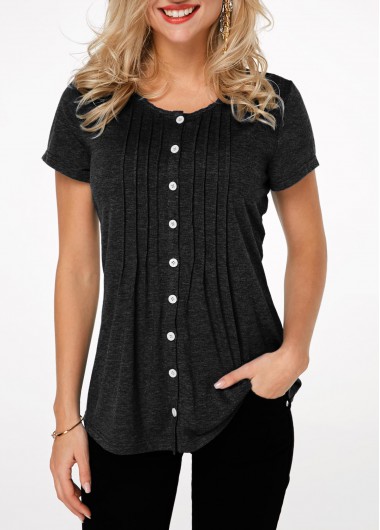 Pleated Short Sleeve Button Up T Shirt