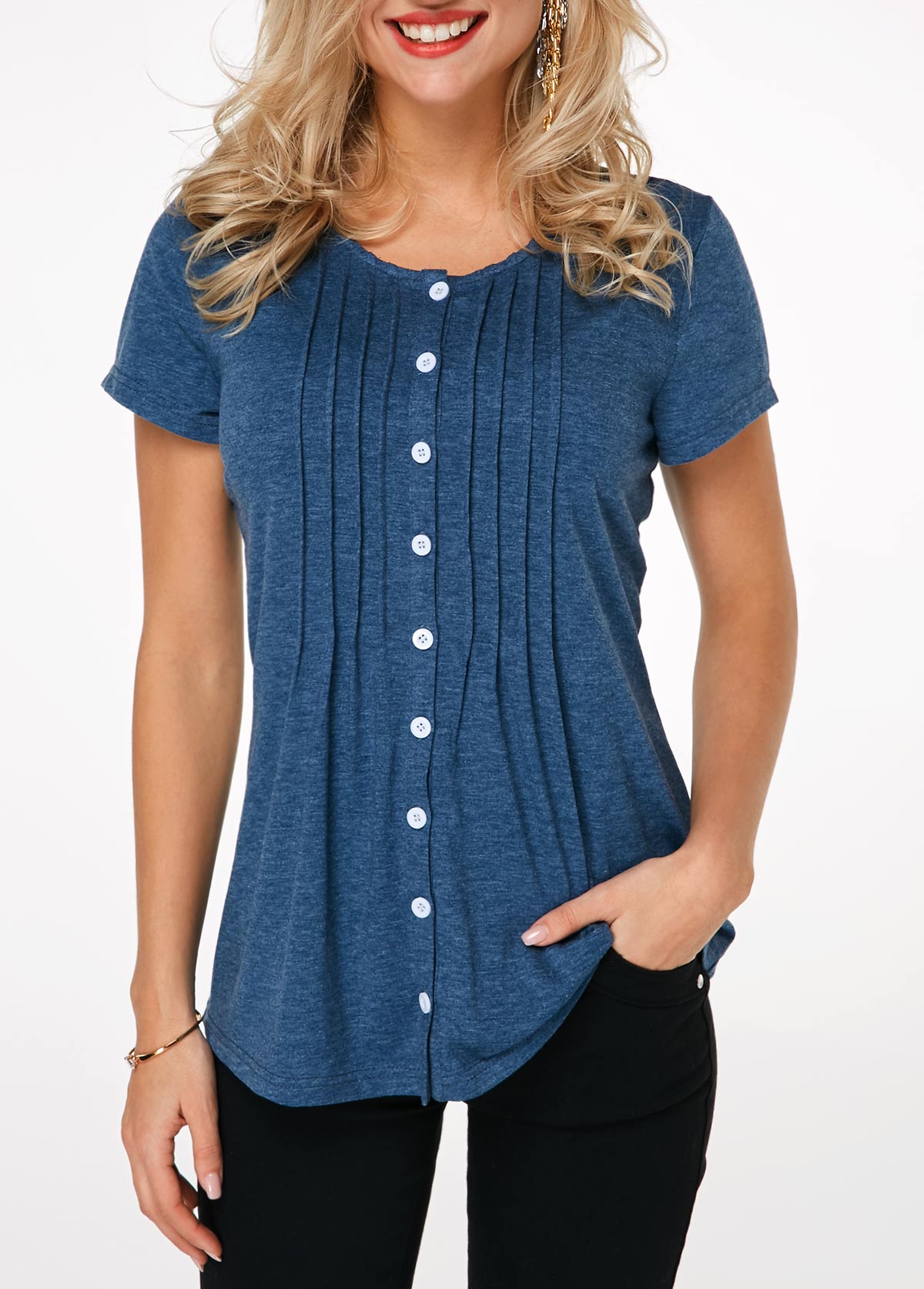 Button Up Navy Blue Crinkle Chest T Shirt  