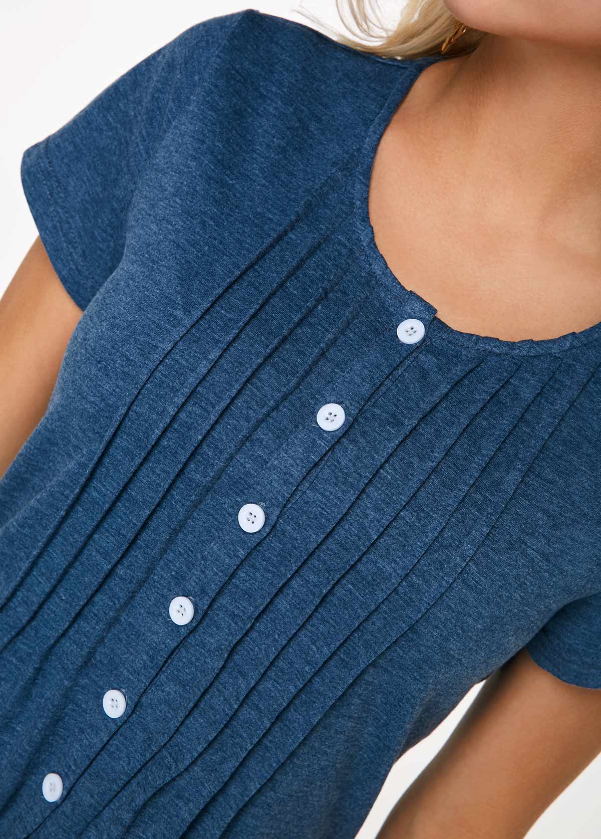 Button Up Navy Blue Crinkle Chest T Shirt  