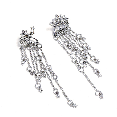 Silver Rhinestone Embellished Chain Tassel Earrings
