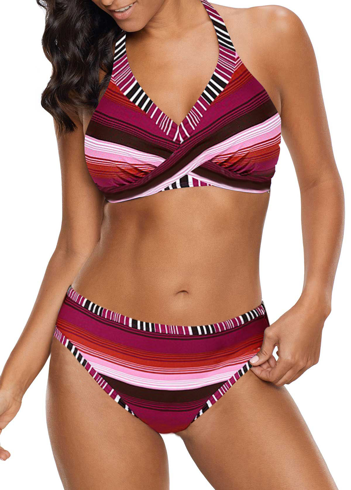 Halter Twist Front Multi Stripe Bikini Set
