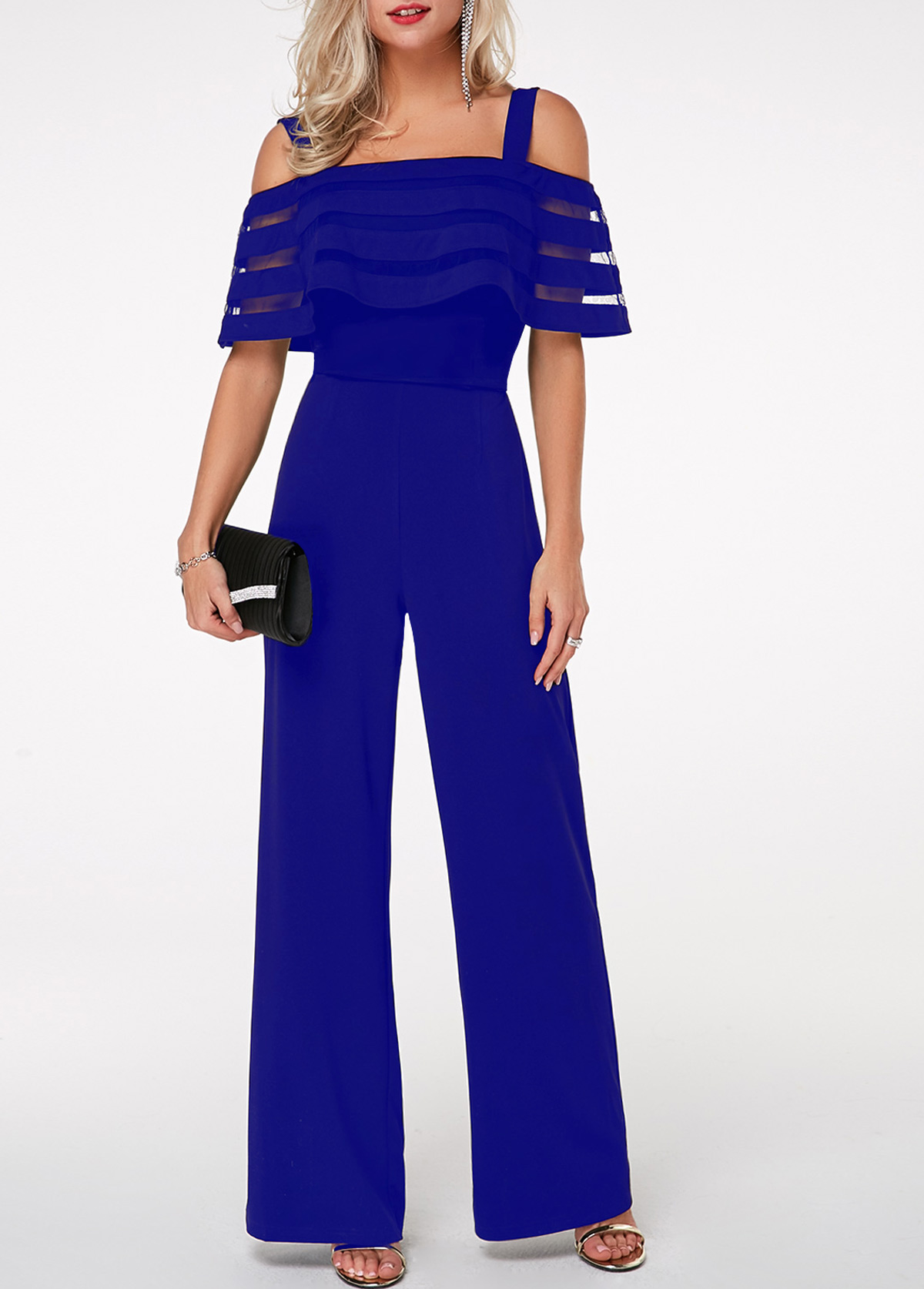 Royal Blue Strappy Cold Shoulder Overlay Jumpsuit