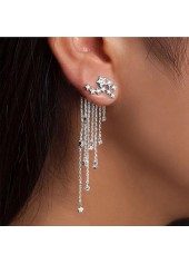 Silver Rhinestone Embellished Chain Tassel Earrings