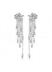Silver Rhinestone Embellished Chain Tassel Earrings