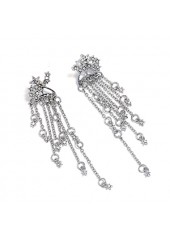 Silver Rhinestone Embellished Chain Tassel Earrings