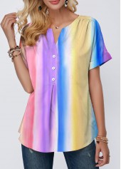 Tie Dye Print Rainbow Color Button Detail T Shirt