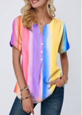 Tie Dye Print Rainbow Color Button Detail T Shirt