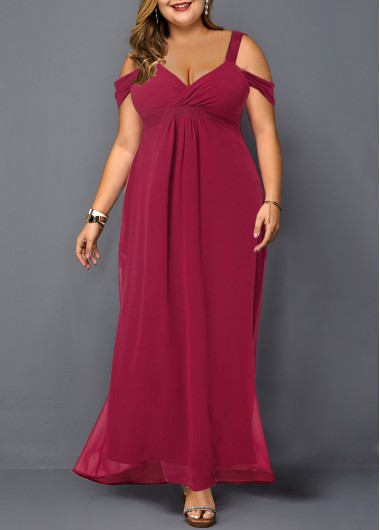 Plus Size Wine Red Strappy Cold Shoulder Dress
