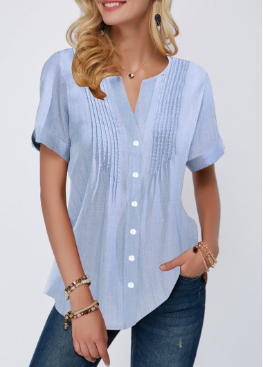 Crinkle Chest Notch Neck Button Up Tunic Shirt