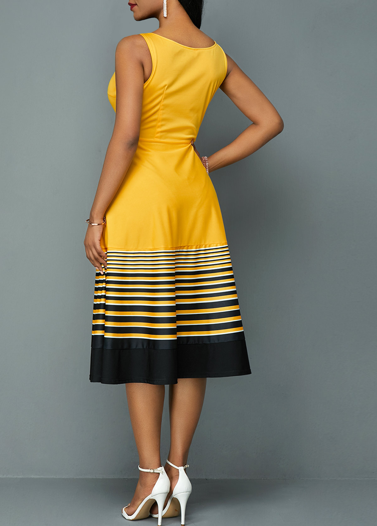 Round Neck Stripe Print High Waist Dress