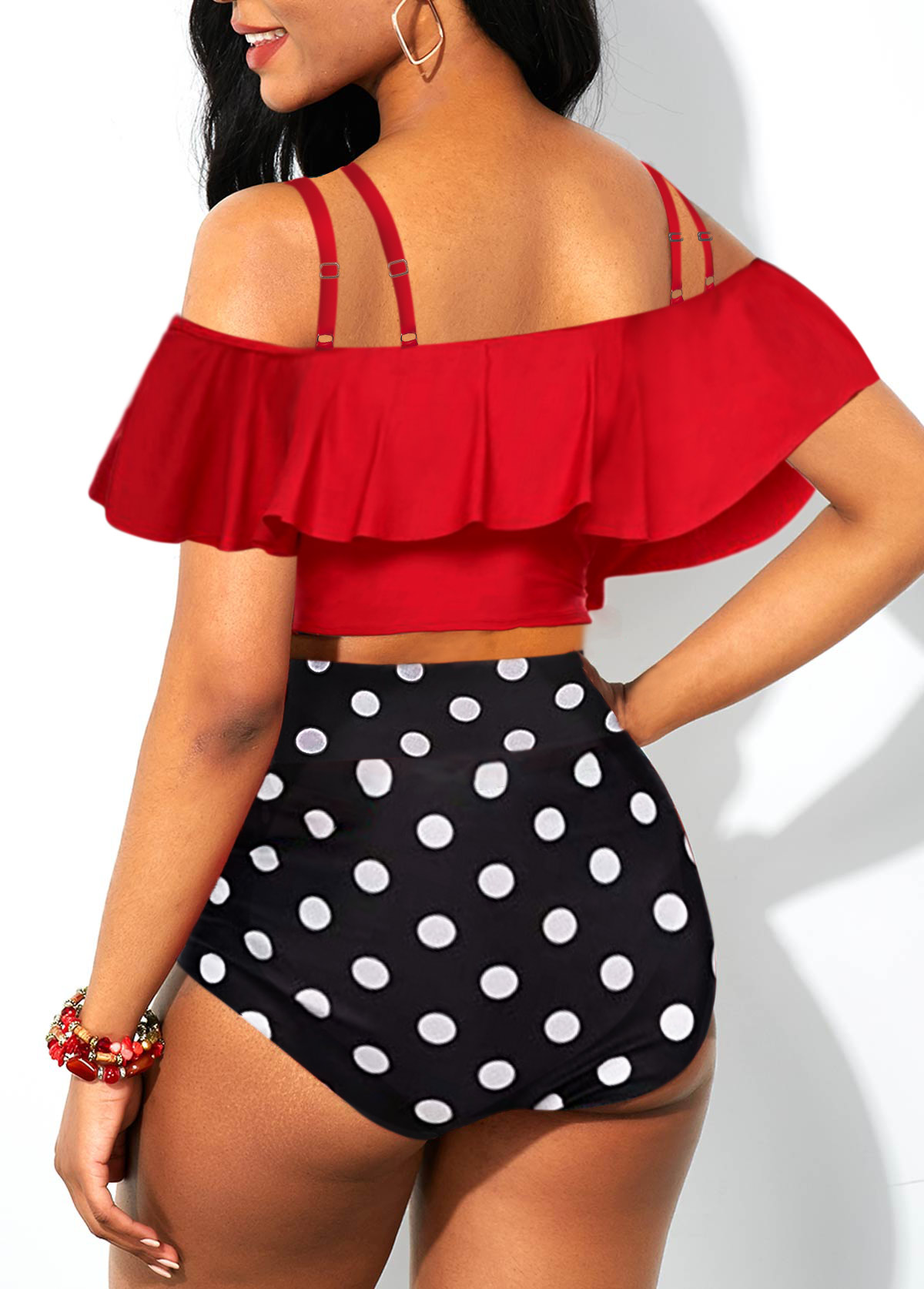 Polka Dot Print Ruffle Overlay High Waisted Bikini Set