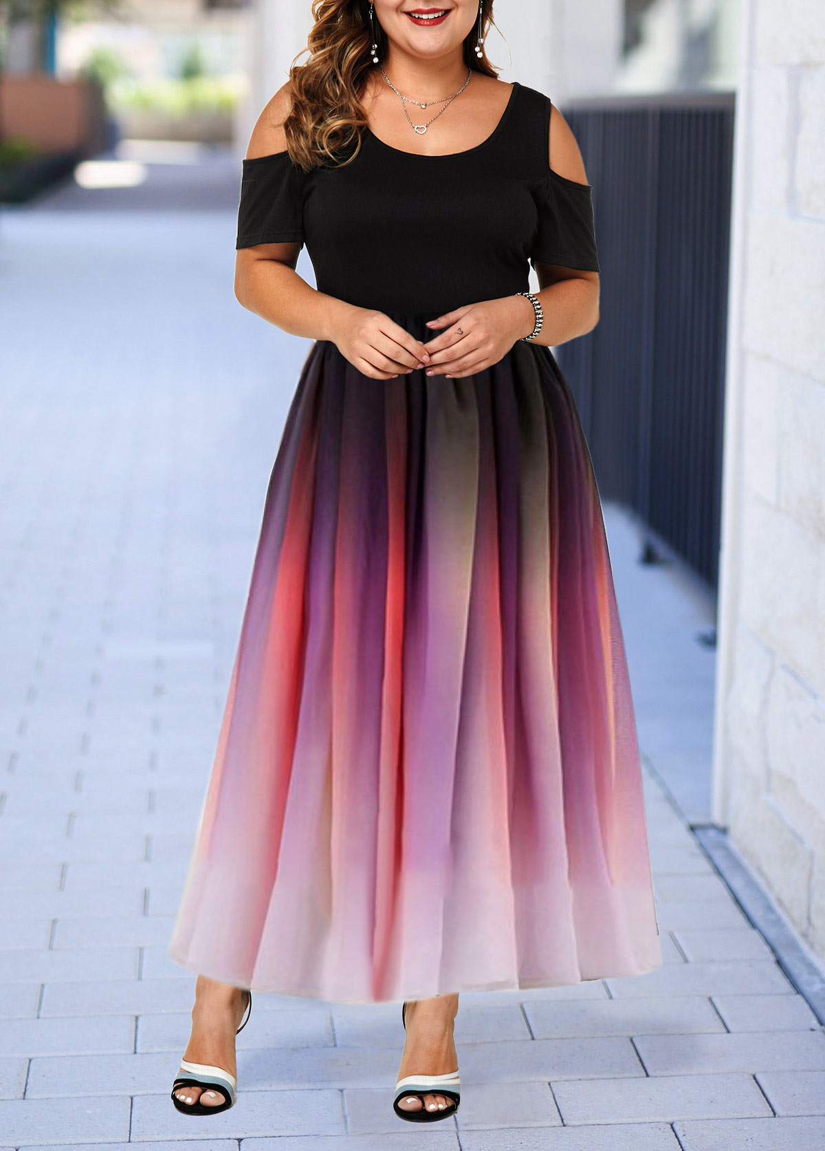 Plus Size Cold Shoulder Half Sleeve Gradient Dress USD