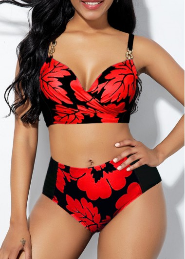 Rosewe Mid Waist Flower Print Strappy Back Bikini Set - XL