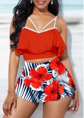 Ruffle Overlay Floral Print High Waist Bikini Set